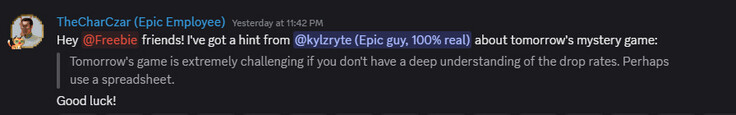 The hint on the Discord server (Image source: Epic Games Store Community Server)