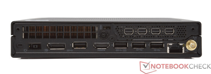 Rear panel: Power connector, DisplayPort 1.4, 2x 3.2 Gen-1 (5 GBit/s), HDMI 2.1 TMDS, 2x 3.2 Gen-2 (10 GBit/s), 10/100/1000 MBit (Intel I219-LM), 4x Mini DisplayPort 1.4a (Nvidia T1000), WLAN antenna