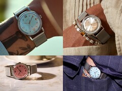 Timex x Todd Snyder Marlin Mesh watches with silver, aqua blue, and salmon sunburst dials shown on and off the wrist.