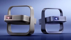 The Elfin Flip 4K (left) and Flip Laser projectors fold up into a compact vertical unit for storage.
