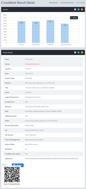 Intel Core i7-1195G7 CrossMark performance on an unreleased MSI 14C5 laptop. (Source: BAPCo)