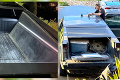 A previous Cybertruck sighting (left) indicated a much narrower bed design than more recent images (right) indicate. (Image source: The Autopian)