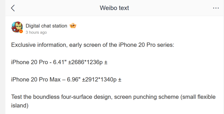 iPhone 20 Pro and iPhone 20 Pro Max screen specs DCS