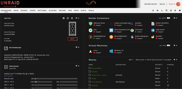 While arguably less polished than Truenas, Unraid offers a very functional web interface for montoring every aspect of your NAS. (Source: Unraid)