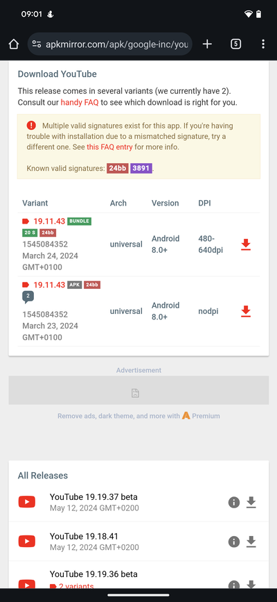 Make sure you download the APK, not the bundle, as Revanced can only patch the APK (Source: Apkmirror)