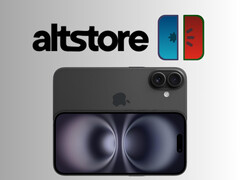 AltStore and meloNX logos above iPhone 16 (Image source: Apple, AltStore, meloNX with edits)