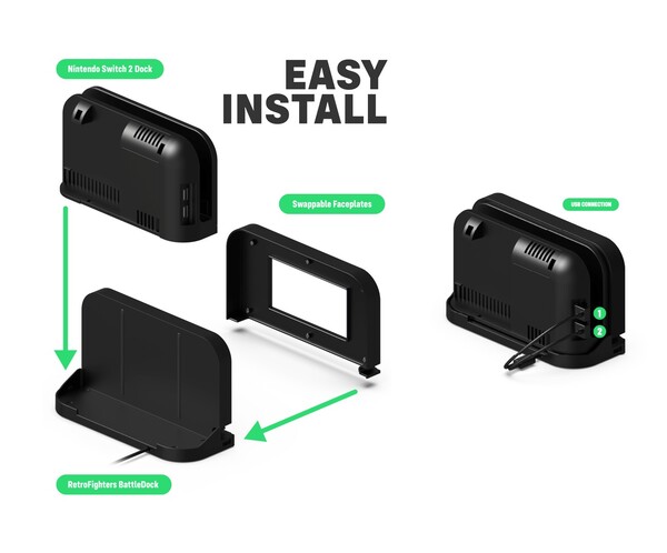 The Retro Fighter's BattleDock works with the Nintendo Switch 2's official dock. (Image source: Retro Fighters/Kickstarter)