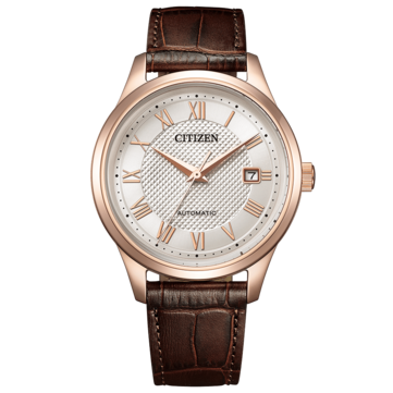 Front view of the Citizen NJ0252-05A automatic watch with a rose gold-colored case, silver textured dial, Roman numerals, and brown leather strap.