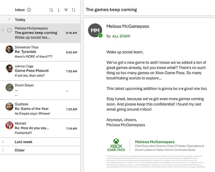 Staged email from Xbox. 