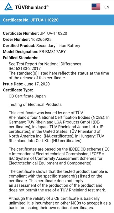 TUV Rheinland's documentation for the new Samsung battery. (Source: RootMyGalaxy)