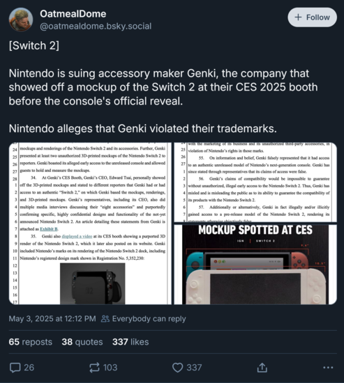Nintendo Genki lawsuit Bluesky post (Image source: OatmealDome Blusky account)