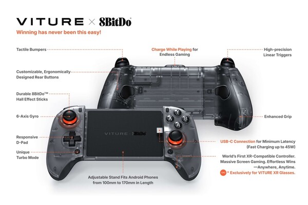 TheViture x 8BitDo Ultimate Mobile Gaming Controller has a USB-C port at the top for passthrough charging. (Image source: Viture)