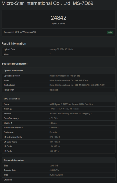AMD Ryzen 5 8600G Geekbench score (image via Geekbench)