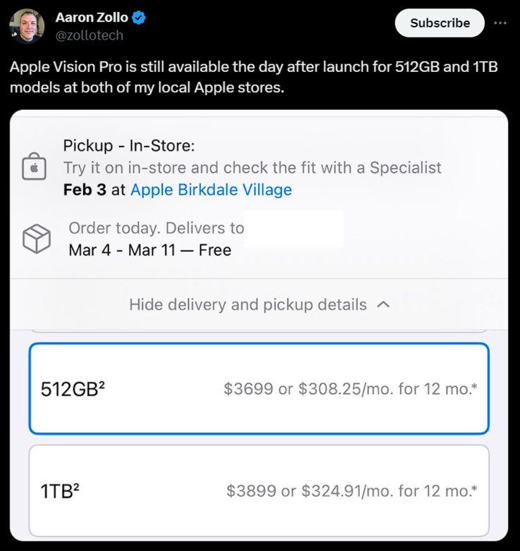 Aaron Zollo said he could still purchase the Vision Pro the day after launch. (Image: X/Twitter)
