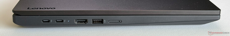 Left: 2x USB-C 4.0 w/ Thunderbolt 4 (40 Gbps, DisplayPort 1.4a, Power Delivery), HDMI 2.1, USB-A 3.2 Gen. 1 (5 Gbps, Always-On), Nano-SIM