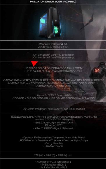 Acer Predator Orion 3000 Specs (image via Acer)