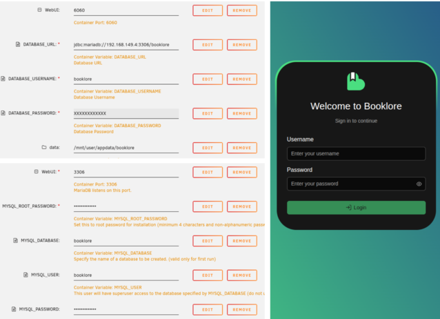 Top left: Unraid configuration for Booklore. Bottom left: Unraid configuration for MariaDB. Right: The Booklore login page (ImageSource: Notebookcheck)