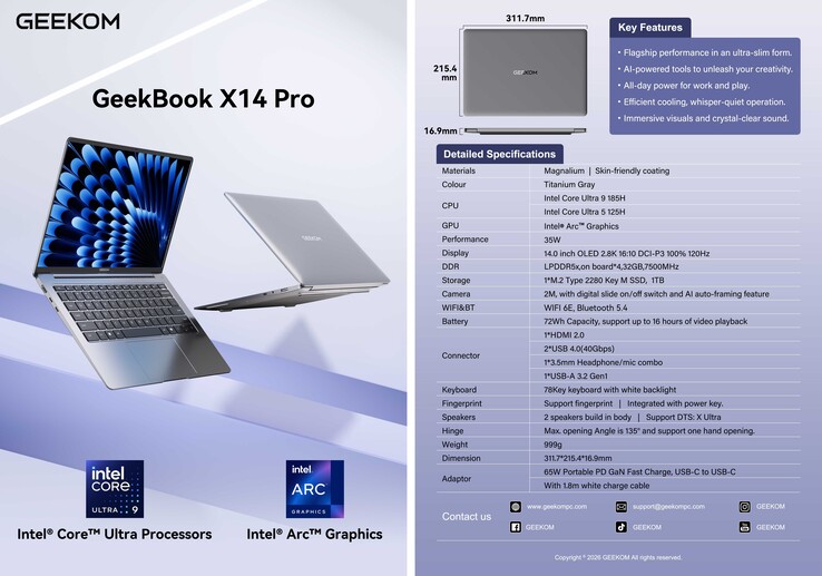 Geekom GeekBook X14 Pro data sheet (Image source: Geekom)