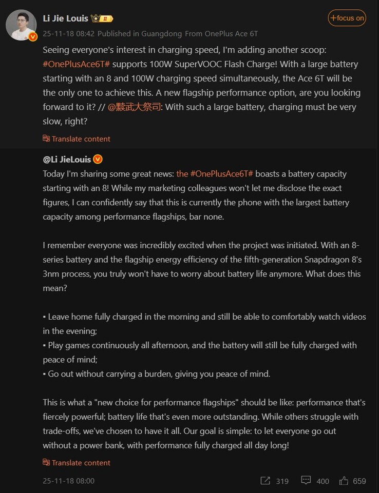 Li Jie Louis talks about the battery and charging speed of OnePlus Ace 6T (Image source: Weibo - machine translated)