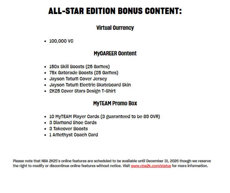 A screenshot from the official NBA 2K store. A notice at the bottom states that EA reserves the right to modify or discontinue online features without prior notice.