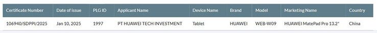 Indonesia's SDPPI approves the MatePad Pro 13.2 2025 for sale. (Source: SDPPI via HuaweiCentral)