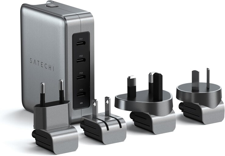 Satechi 145 W GaN charger ships with four interchangeable international (US/UK/EU/AU) adapters (Image source: Satechi)