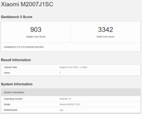 The Mi 10 Ultra has a "cas" motherboard and is referred to as the Xiaomi M2007J1SC. (Image source: Geekbench)