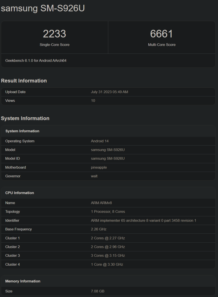 Qualcomm Snapdragon 8 Gen 3 Geekbench listing with the Samsung Galaxy S24+ (image via Geekbench)