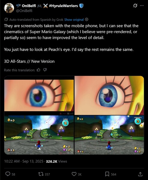 Super Mario Galaxy comparison with 2020 Switch port (Image source: screenshot, OniBelfi X account)