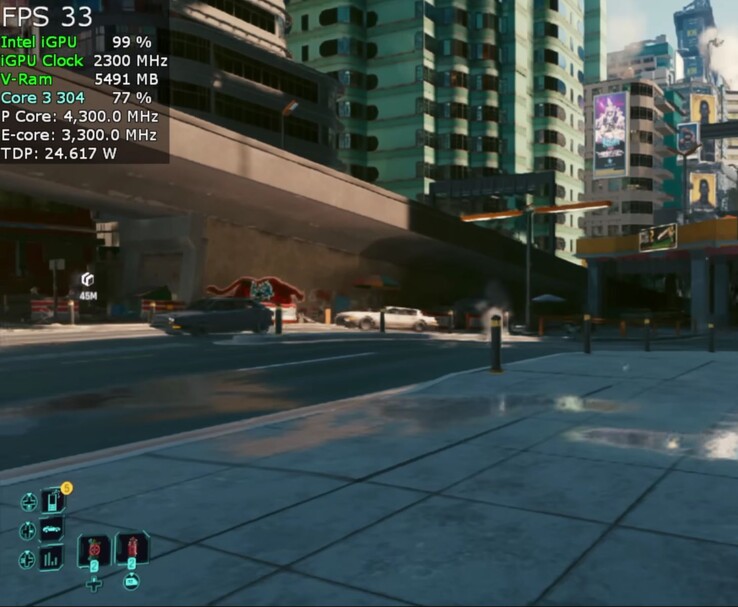 Cyberpunk 2077 running on the Beelink EQi 304 mini PC, showing around 33 FPS with the Intel Core 3 304 processor and integrated Intel Xe graphics.