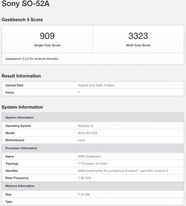 The Sony SO-52A has a Snapdragon 865 kona chipset and 8 GB of RAM. (Image source: Root MyGalaxy via GSMArena)