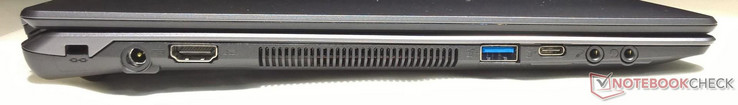 Left side: Kensington lock, power connection, HDMI, 1x USB 3.0, 1x USB 3.1 Gen 2 (Type-C), microphone, headphone