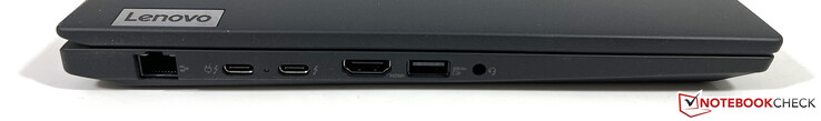 Left: Gigabit Ethernet, 2x USB-C 4.0 with Thunderbolt 4 (40 Gbit/s, DisplayPort ALT mode 1.4, Power Delivery 3.0), HDMI 2.1, USB-A 3.2 Gen.1 (5 Gbit/s, Powered), 3.5-mm stereo port