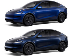 The Model Y in new Marine Blue color vs Deep Blue Metallic (top). (Image source: Tesla)