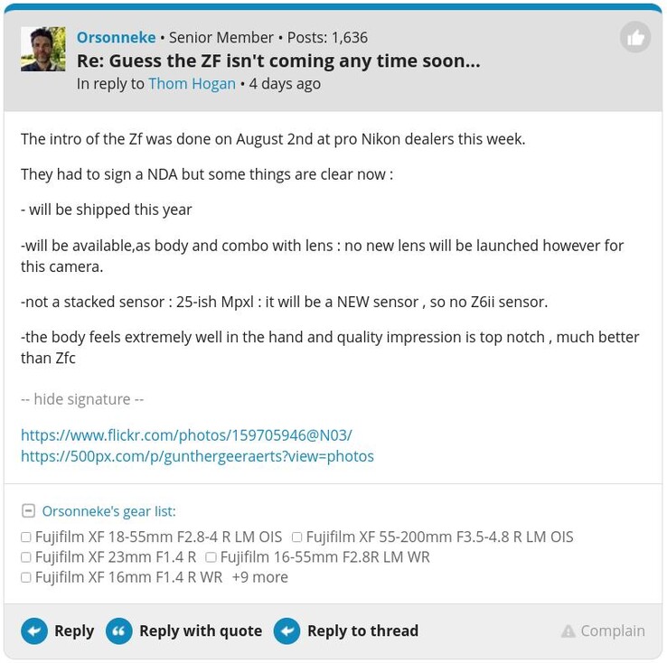 A screenshot of the alleged confirmation of the Nikon Zf on the DPReview forum. (Image source: DPReview)