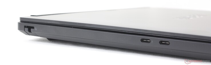 Left: RJ-45 (1 Gbps), USB-C Thunderbolt 4 w/ DisplayPort 2.1 + Power Delivery, USB-C w/ DisplayPort 2.1 + Power Delivery (10 Gbps)