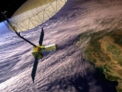 A conceptual image of the NISAR satellite in orbit over California (Image source: NASA and JPL-Caltech; cropped)