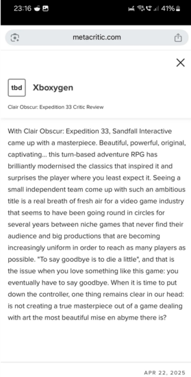 Clair Obscur: Expedition 33 review leaked on Metacritic (Image source: Clair Obscur: Expedition 33 subreddit)
