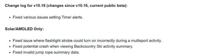 The release notes for beta version 10.18 for the Garmin Instinct 3 smartwatches. (Image source: Garmin)