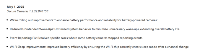 The release notes for the Philips Hue Secure Cameras 1.2.32.976150 update. (Image source: Philips)