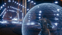 Arjun Devraj deploys the Soltari Shield against a wave of incoming projectiles on Carcosa.