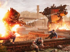 An image from the game Iron Harvest showing a fight between two mechs.
