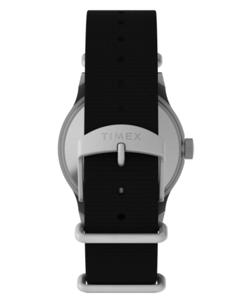 Peanuts x Timex Snoopy MK1 shown from the back with the silver case back and a black fabric strap.
