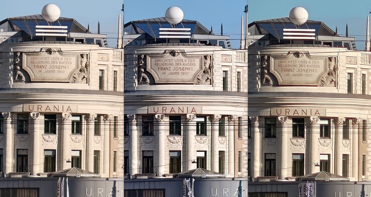 20x Zoom crop comparison: Left: Oppo with external lens. Middle: Vivo without external lens. Right: Oppo without external lens.