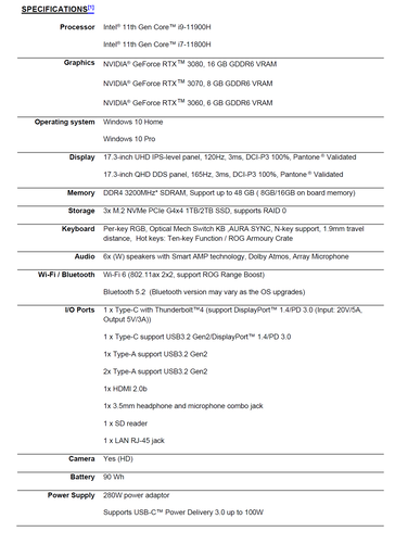 Asus Zephyrus S17 - Specifications. (Image Source: Asus)