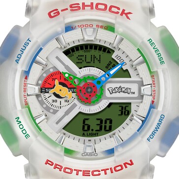 Close-up of the Pokémon-themed G-Shock GA-110 dial showing the Pikachu-shaped indicator hand and Pokémon logo.