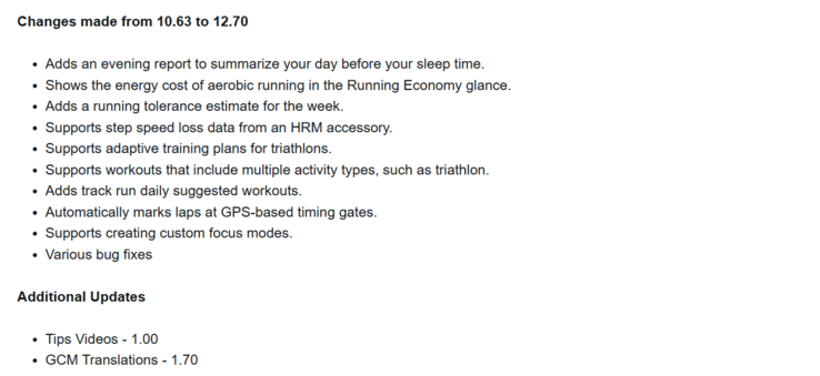 The change log for software version 12.70 for the Garmin Venu X1 smartwatch. (Image source: Garmin)