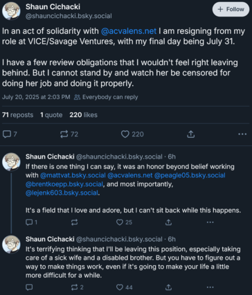 Shaun Cichacki announcing resignation from Vice (Image source: screenshot, Shaun Cichacki Bluesky account)