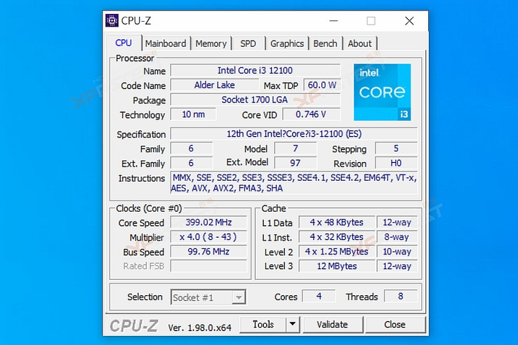 Intel Alder Lake-S Core i3-12100 CPU-Z information. (Image Source: XFastest)