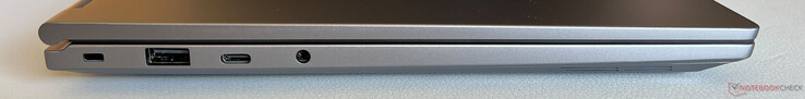 Left side: Kensington NanoSaver, USB-A 2.0, USB-C 3.2 Gen.2 (10 Gbps, DisplayPort ALT mode 1.4a, power delivery), 3.5 mm stereo